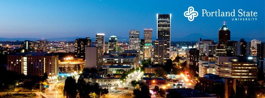 Night image of downtown Portland, featuring the PSU campus